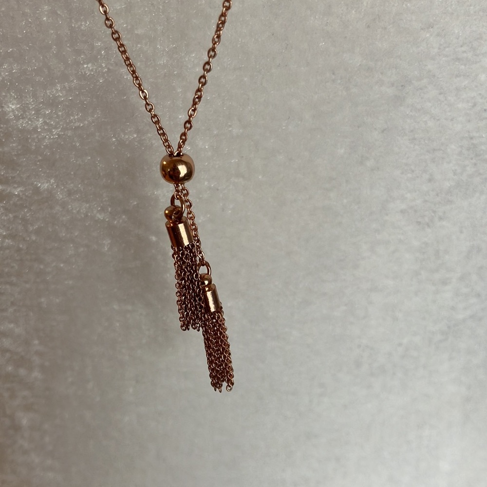 J Crew rose gold delicate double tassel pendant long chain necklace NWT - Picture 4 of 7